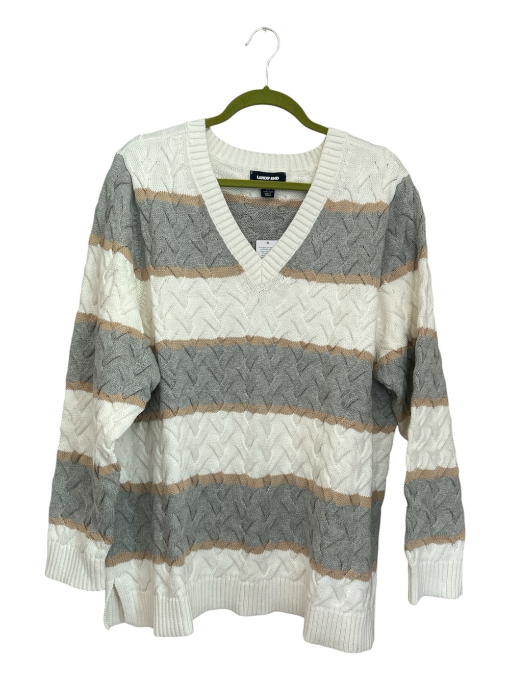 NWT Lands' End Drifter Cable Knit Striped V-Neck Sweater Size 2X